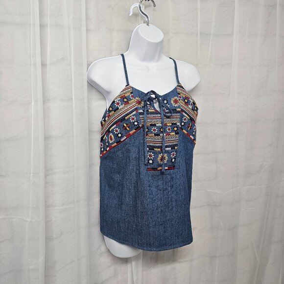 NWT Blu Pepper Blue Red Embroidered Tank Halter Boho Embroidered Hippie M - Picture 4 of 13